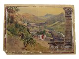 une vieille photo représentant un tableau d'une ville dans les montagnes