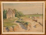 an image of a painting of a farm scene with a house in the background