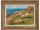 a painting of a landscape with grass and a body of water