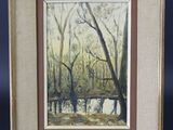 an oil painting of a forest scene with trees and water