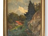 an oil painting of a landscape with a house and a cow in the foreground