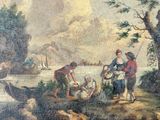 a painting of a group of people by a river