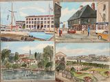 quatre aquarelles représentant des bateaux dans un port, avec des bâtiments en arrière-plan