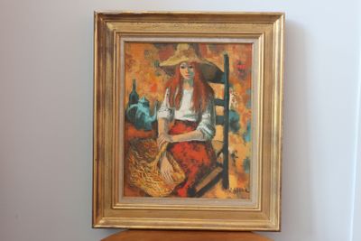 un tableau représentant une femme assise sur une chaise à côté d'un panier
