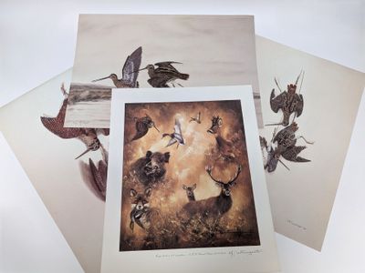 three cards with a picture of birds flying in the sky