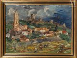 an oil painting of a small town on a hill with a church in the background