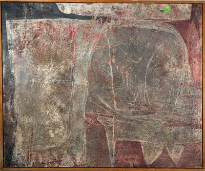 painting of an elephant and a bird in a wooden frame