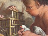 a painting of a baby holding a bird next to a bird cage