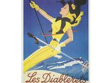 affiche représentant une femme en train de skier dans la neige, des bâtons de ski à la main