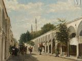 un tableau représentant des personnes marchant dans une rue, accompagnées d'un cheval et d'une calèche