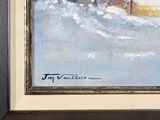 an oil painting of a snowy landscape with a barn in the background
