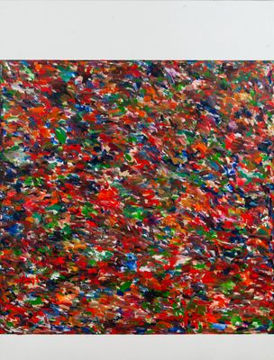 abstract painting of red, green, blue, and black paint on a white background