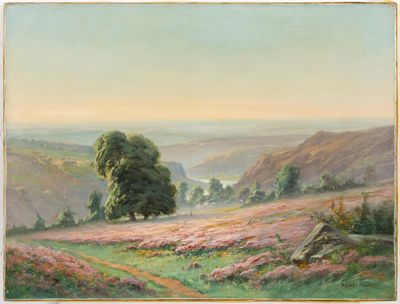 an image of a painting of a landscape with trees and flowers