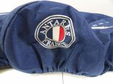 a close up of a blue jacket with a french flag on it
