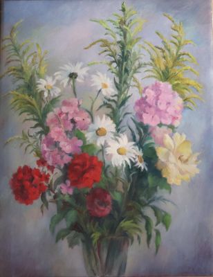 une peinture de fleurs dans un vase sur une table