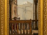 an oil painting of a balcony with a view of a building