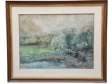 une peinture d'un paysage avec des arbres et une rivière au premier plan