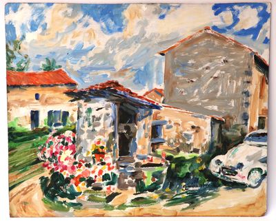 tableau représentant une voiture garée devant une maison, devant laquelle est garée une autre voiture