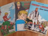three children ' s books on a wooden table with a picture of a man and a woman