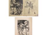 trois dessins représentant des chevaux et un homme dans une calèche
