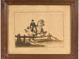 tableau représentant un homme à cheval sautant par-dessus une clôture en bois