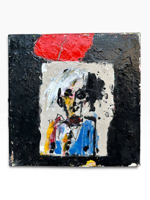 abstract painting of a woman with a red balloon on a black and white background