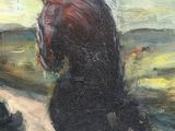 an oil painting of a man sitting on top of a train track