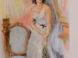 a painting of a woman in a white dress sitting on a chair