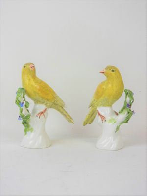 two yellow birds sitting on a branch of a tree