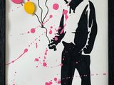 tableau représentant un homme tenant un bouquet de ballons sur fond blanc
