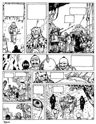 une page d'une bande dessinée sur laquelle figure, en arrière-plan, une illustration en noir et blanc représentant un groupe de personnes