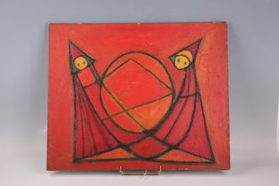 tableau représentant deux oiseaux sur fond rouge, avec un vase blanc