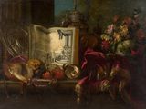 painting of a still life with flowers and a book on a table