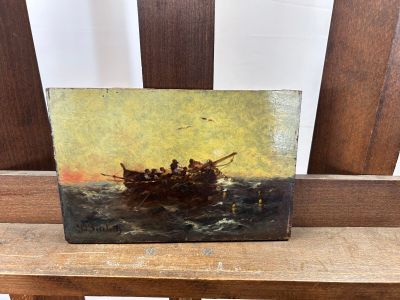 a painting of a boat with people in it sitting on a bench
