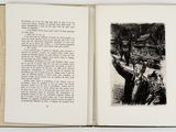 an open book with a black and white drawing of a man and a woman