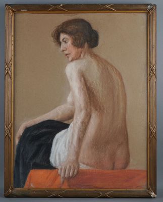 an image of a painting of a nude woman sitting on a bench