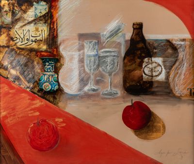 un tableau représentant une table avec une bouteille de vin et une pomme