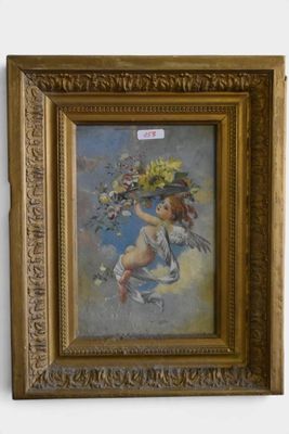 une image d'une peinture représentant une femme tenant un bouquet de fleurs