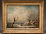 a painting of a snowy landscape with a house and a tree