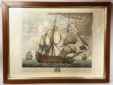 an old picture of a ship in the water with a flag on it
