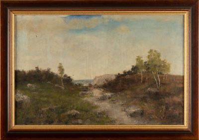 an image of a painting of a landscape with trees on a hill