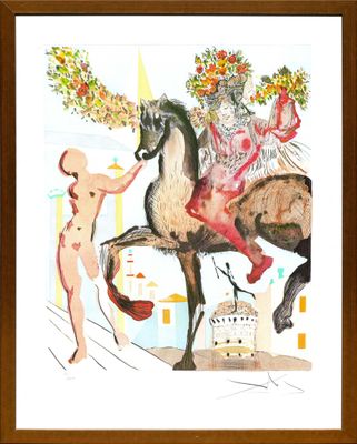 tableau encadré représentant une femme à cheval et un homme à cheval