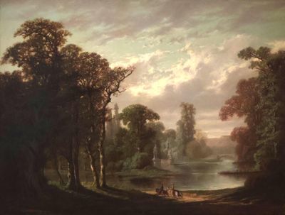 a painting of a man and a woman sitting on a bench by a lake