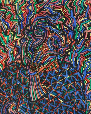a painting of a man with many different colored lines on it