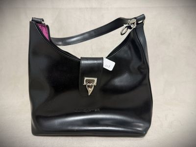 black leather handbag with pink lining and silver hardware