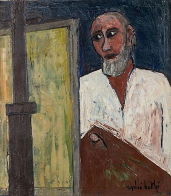 tableau représentant un homme tenant un livre devant une fenêtre