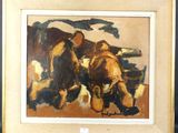 tableau représentant deux vaches dans un champ, avec une clôture en arrière-plan