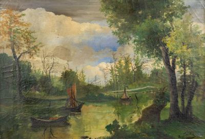 une peinture d'une rivière avec des bateaux