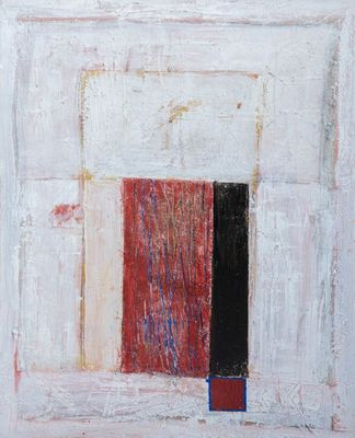 an image of a painting of a red and white door