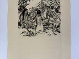 un dessin en noir et blanc représentant deux femmes dans un jardin